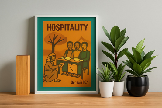 Hospitality Mid Century Modern Silk Poster for Home and Outdoor Decor - Genesis 18:1 Inspirational Wall Art
