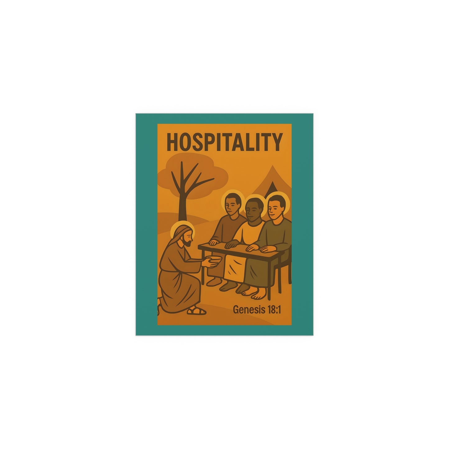 Hospitality Mid Century Modern Silk Poster for Home and Outdoor Decor - Genesis 18:1 Inspirational Wall Art