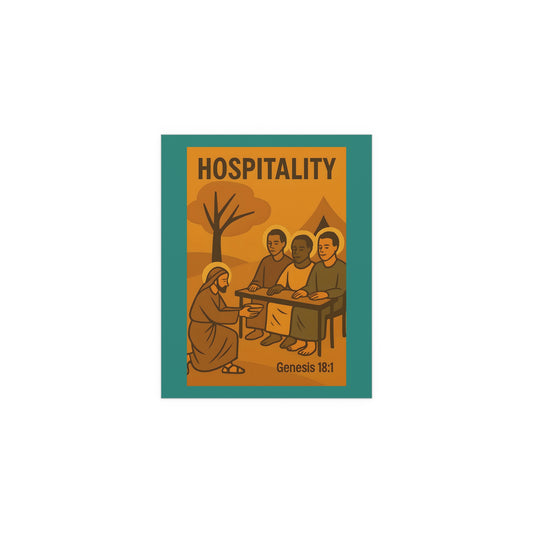 Hospitality Mid Century Modern Silk Poster for Home and Outdoor Decor - Genesis 18:1 Inspirational Wall Art